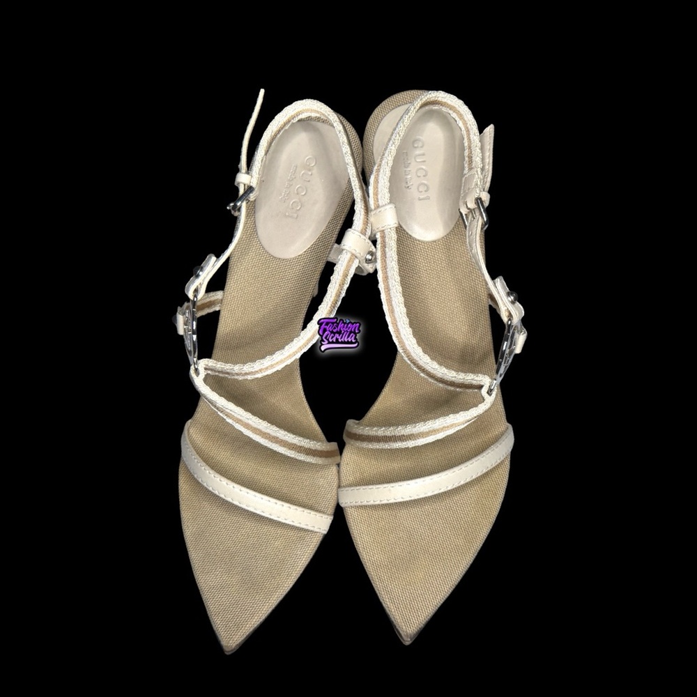 Tom Ford Gucci Brit Strappy Y2K Pointed Toe Stiletto Heel Beige Tan silver Logo - Picture 13 of 14